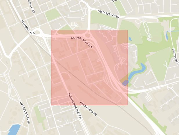 Karta som med röd fyrkant ramar in Gåsebäcksvägen, Helsingborg, Skåne län