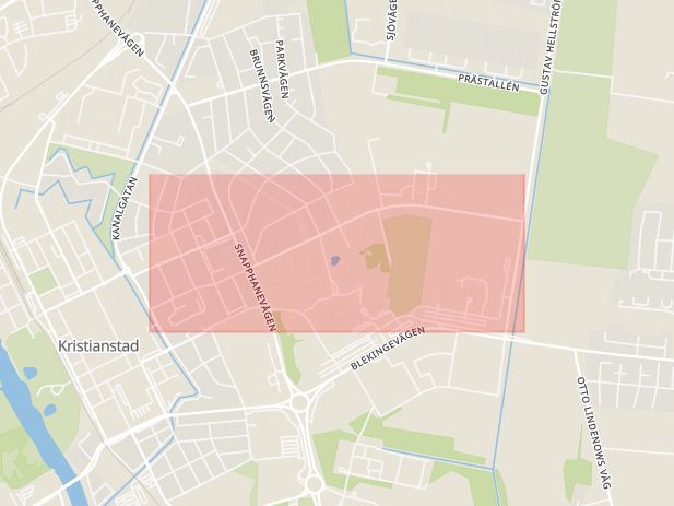 Karta som med röd fyrkant ramar in Lasarettsboulevarden, Kristianstad, Skåne län