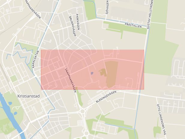 Karta som med röd fyrkant ramar in Lasarettsboulevarden, Kristianstad, Skåne län