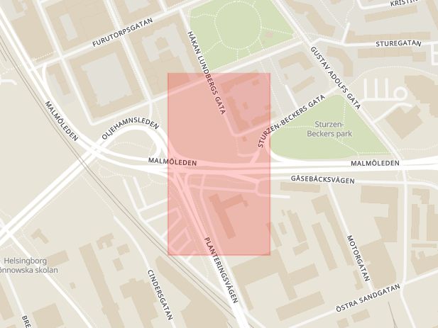 Karta som med röd fyrkant ramar in Malmöleden, Oljehamnsleden, Helsingborg, Skåne län