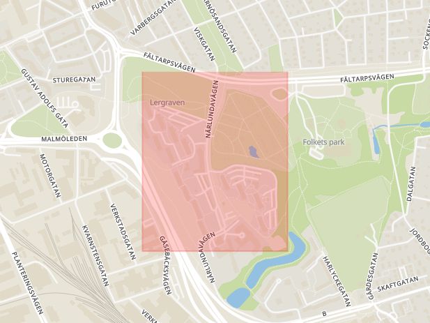 Karta som med röd fyrkant ramar in Närlundavägen, Närlunda, Helsingborg, Skåne län