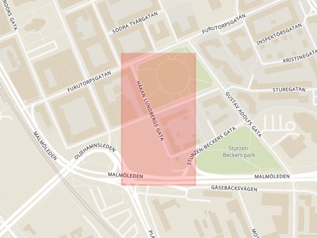 Karta som med röd fyrkant ramar in Håkan Lundbergs Gata, Helsingborg, Skåne län