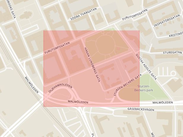 Karta som med röd fyrkant ramar in Högaborg, Bryggaregatan, Helsingborg, Skåne län