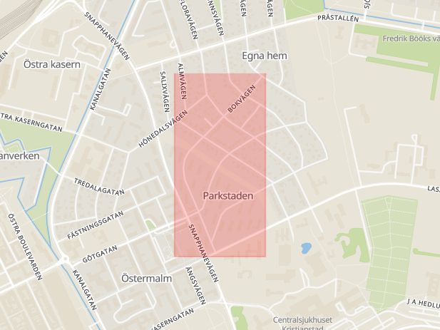 Karta som med röd fyrkant ramar in Bokvägen, Kristianstad, Skåne län