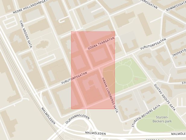 Karta som med röd fyrkant ramar in Södergatan, Södra Tvärgatan, Furutorpsgatan, Hantverkaregatan, Kyrkogatan, Helsingborg, Skåne län