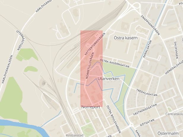 Karta som med röd fyrkant ramar in Norretullsvägen, Kristianstad, Skåne län