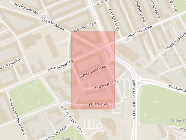 Karta som med röd fyrkant ramar in Inspektörsgatan, Helsingborg, Skåne län