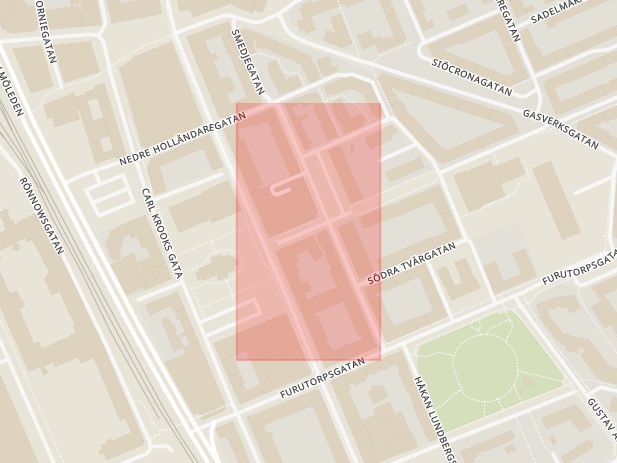 Karta som med röd fyrkant ramar in Nedre Nytorgsgatan, Helsingborg, Skåne län
