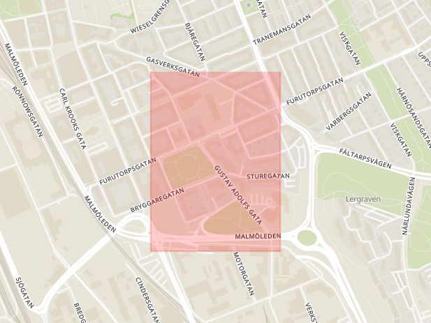 Karta som med röd fyrkant ramar in Gustav Adolfs Gata, Helsingborg, Skåne län