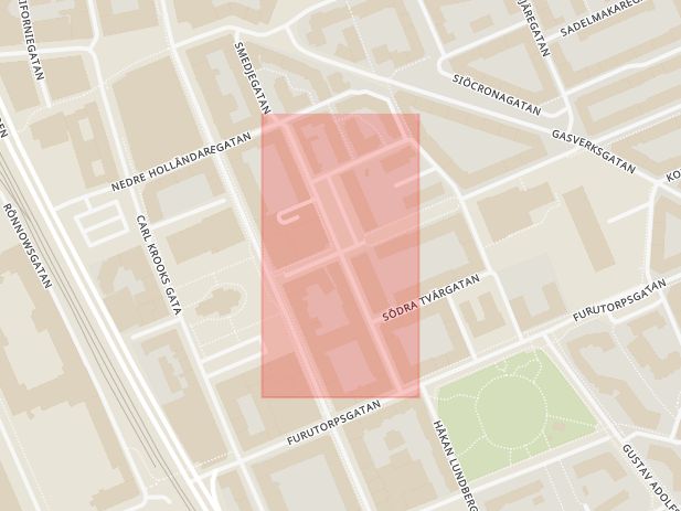 Karta som med röd fyrkant ramar in Hantverkaregatan, Helsingborg, Skåne län