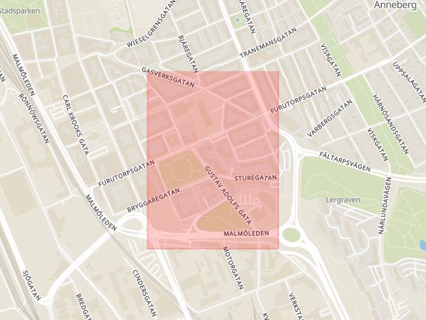 Karta som visar ungefär var händelsen Rattfylleri: Man misstänkt för rattfylleri, Gustav Adolfs gata. inträffat