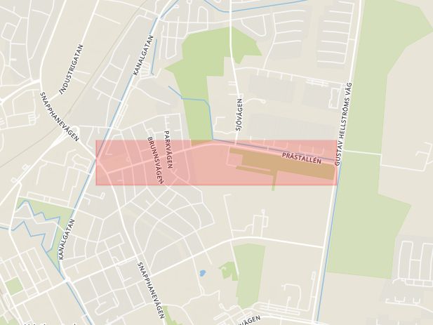 Karta som med röd fyrkant ramar in Prästallén, Kristianstad, Skåne län