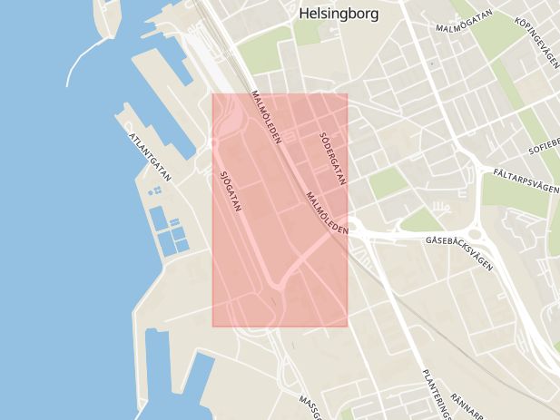 Karta som med röd fyrkant ramar in Bredgatan, Helsingborg, Skåne län