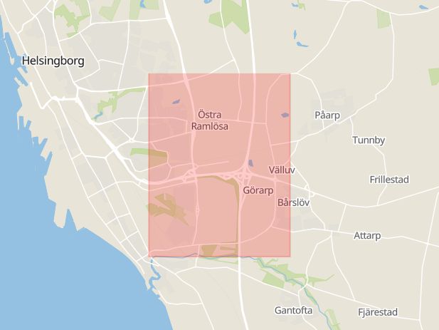 Karta som med röd fyrkant ramar in Rausvägen, Helsingborg, Skåne län