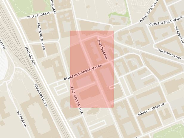 Karta som med röd fyrkant ramar in Nedre Holländaregatan, Södergatan, Helsingborg, Skåne län