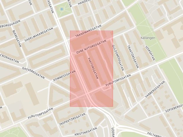 Karta som med röd fyrkant ramar in Faktorsgatan, Helsingborg, Skåne län