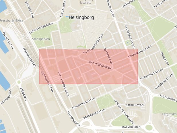 Karta som med röd fyrkant ramar in Gasverksgatan, Helsingborg, Skåne län