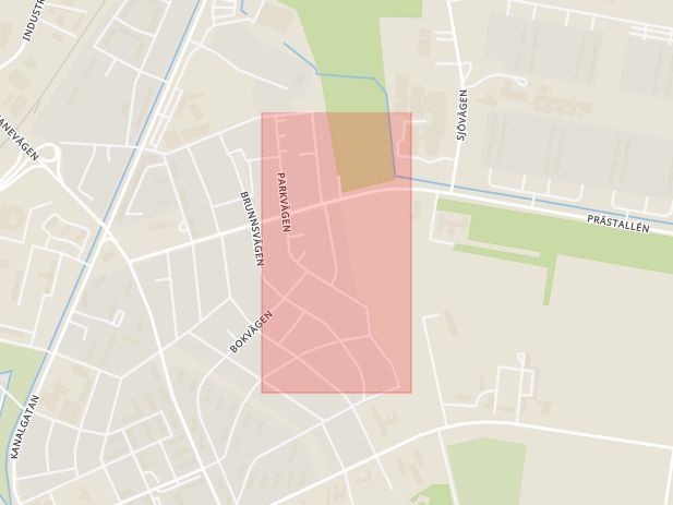 Karta som med röd fyrkant ramar in Parkvägen, Kristianstad, Skåne län