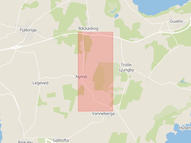 Karta som med röd fyrkant ramar in Nymövägen, Fjälkinge, Kristianstad, Skåne län