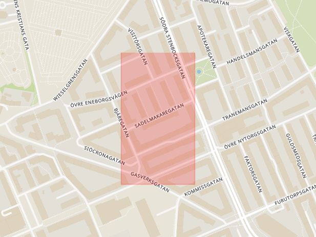 Karta som med röd fyrkant ramar in Eneborg, Sadelmakaregatan, Helsingborg, Skåne län