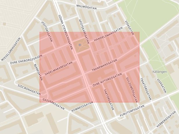 Karta som med röd fyrkant ramar in Bjäregatan, Tranemansgatan, Helsingborg, Skåne län