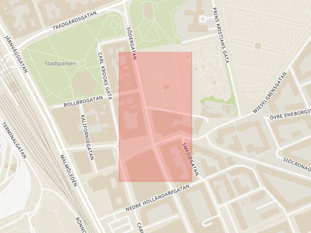 Karta som med röd fyrkant ramar in Trädgårdsgatan, Södergatan, Helsingborg, Skåne län