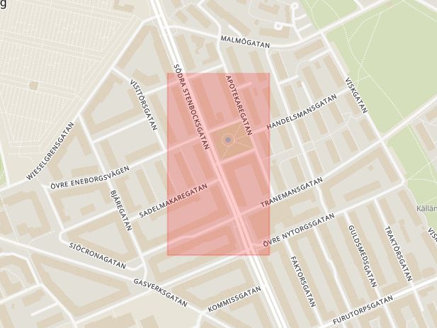 Karta som med röd fyrkant ramar in Södra Stenbocksgatan, Eneborgsplatsen, Helsingborg, Skåne län