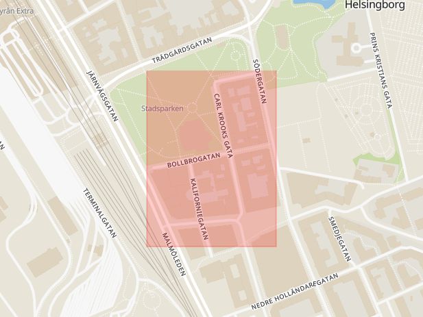 Karta som med röd fyrkant ramar in Bollbrogatan, Helsingborg, Skåne län