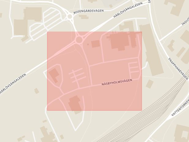 Karta som med röd fyrkant ramar in Näsbyholmsvägen, Kristianstad, Skåne län
