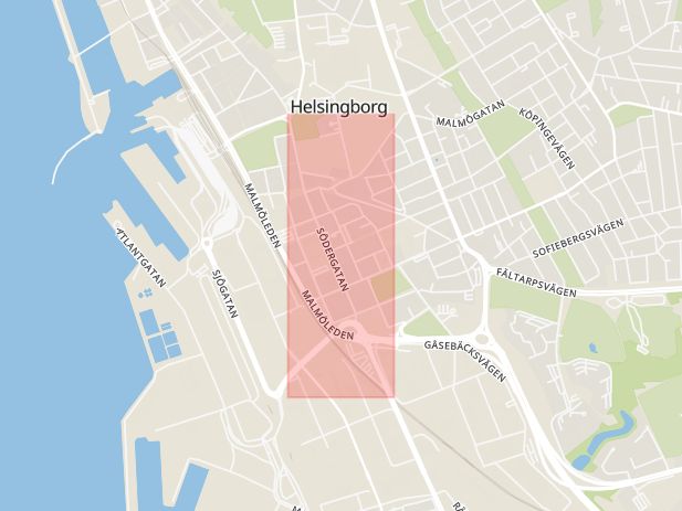 Karta som med röd fyrkant ramar in Södergatan, Helsingborg, Skåne län