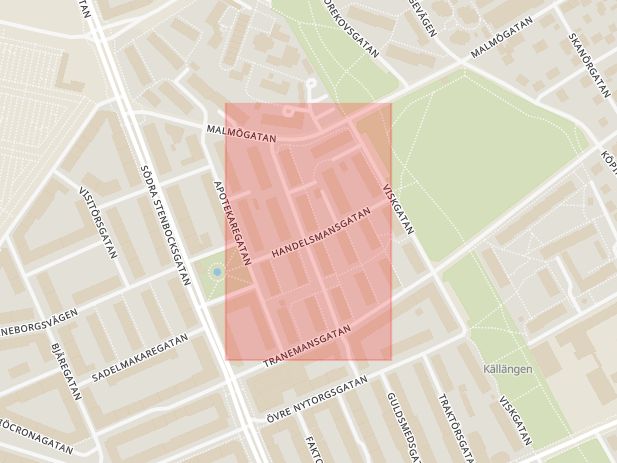 Karta som med röd fyrkant ramar in Handelsmansgatan, Helsingborg, Skåne län