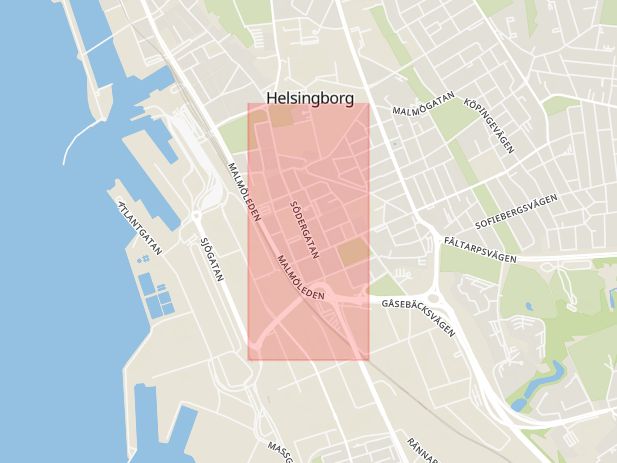 Karta som med röd fyrkant ramar in Södergatan, Gustavs, Helsingborg, Skåne län