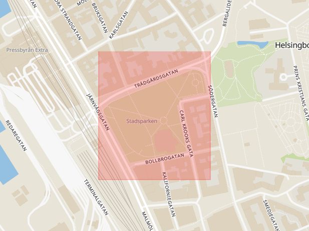 Karta som visar ungefär var händelsen Bråk: Stadsparken. Bråk utomhus. inträffat