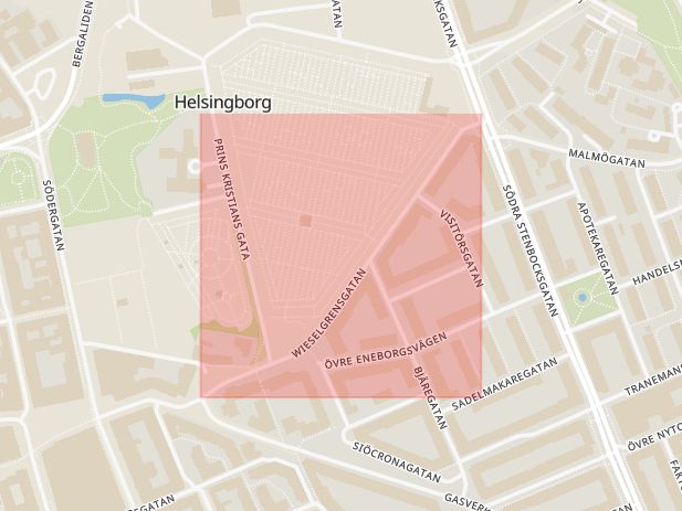 Karta som med röd fyrkant ramar in Wieselgrensgatan, Helsingborg, Skåne län