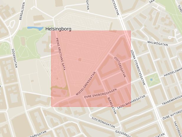 Karta som med röd fyrkant ramar in Eneborg, Wieselgrensgatan, Helsingborg, Skåne län