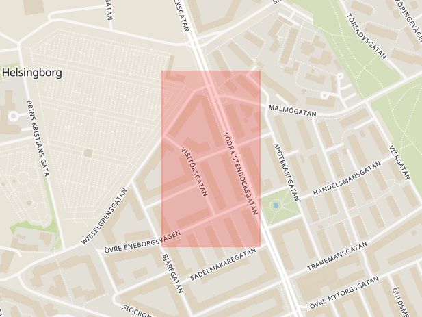Karta som med röd fyrkant ramar in Sämskmakaregatan, Helsingborg, Skåne län