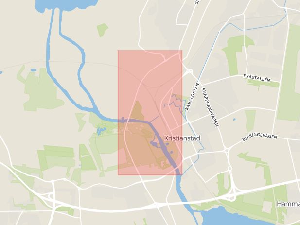 Karta som med röd fyrkant ramar in Härlövsängaleden, Kristianstad, Skåne län