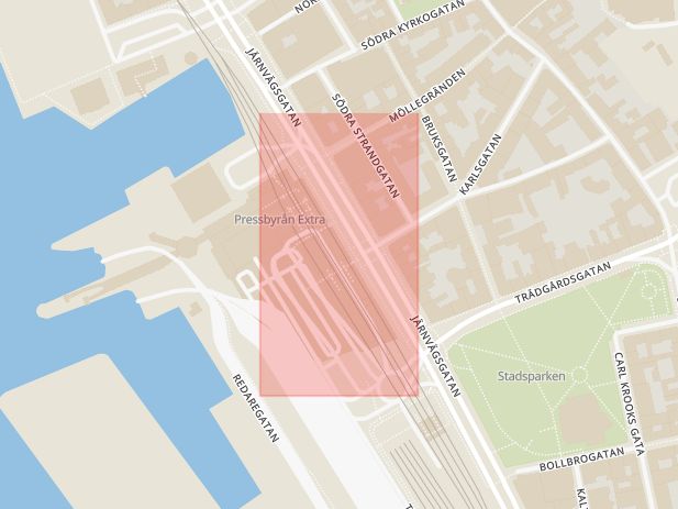 Karta som med röd fyrkant ramar in Södra Storgatan, Knutpunkten, Helsingborg, Skåne län