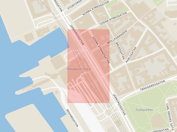 Karta som med röd fyrkant ramar in Järnvägsgatan, Knutpunkten, Helsingborg, Skåne län