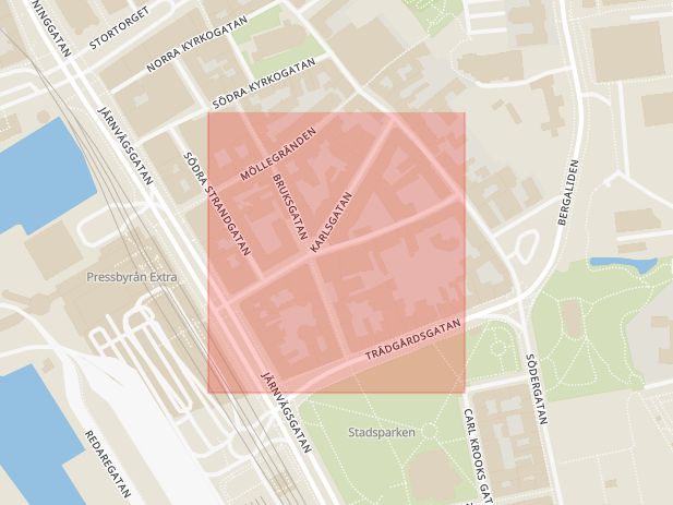 Karta som med röd fyrkant ramar in Prästgatan, Helsingborg, Skåne län