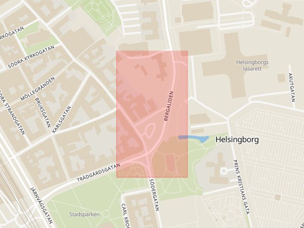 Karta som med röd fyrkant ramar in Lilla Bergaliden, Helsingborg, Skåne län