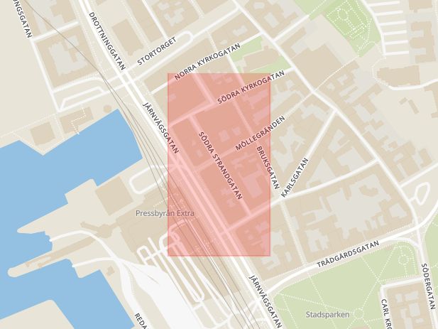 Karta som med röd fyrkant ramar in Södra Strandgatan, Helsingborg, Skåne län