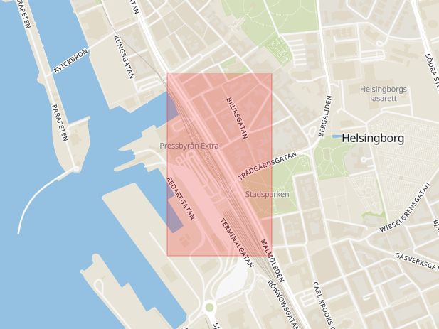 Karta som med röd fyrkant ramar in Järnvägsgatan, Helsingborg, Skåne län