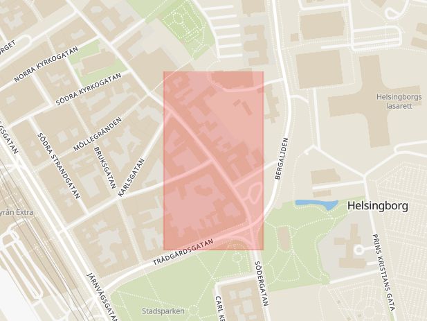 Karta som med röd fyrkant ramar in Prästgatan, Södra Storgatan, Helsingborg, Skåne län