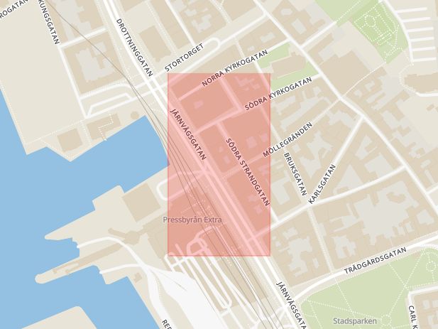 Karta som med röd fyrkant ramar in Knutpunkten, Järnvägsgatan, Helsingborg, Skåne län