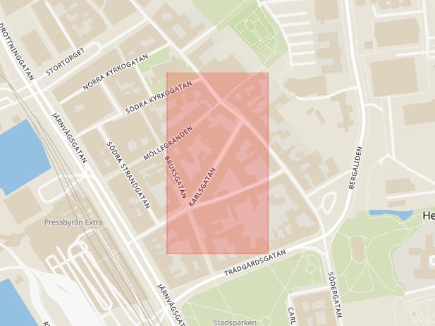 Karta som med röd fyrkant ramar in Karlsgatan, Helsingborg, Skåne län