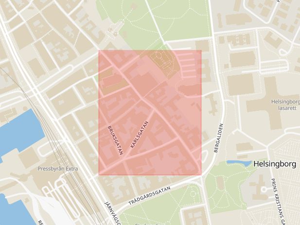 Karta som med röd fyrkant ramar in Södra Storgatan, Helsingborg, Skåne län