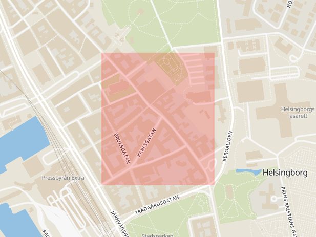 Karta som visar ungefär var händelsen Detonation: Kraftfull detonation centrala Helsingborg. inträffat