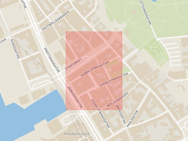 Karta som med röd fyrkant ramar in Norra Kyrkogatan, Helsingborg, Skåne län