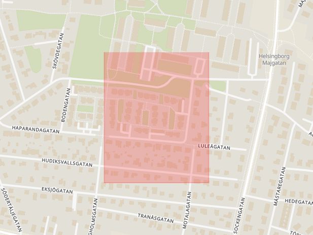Karta som med röd fyrkant ramar in Piteågatan, Helsingborg, Skåne län